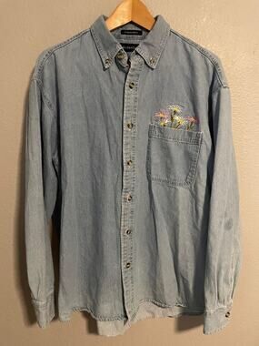 VTG Ultra Club Womens Large Blue Denim Button Up Floral Embroidered Boho READ